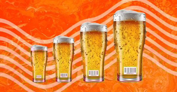 Four glasses of beer with barcode labels on them, increasing in size against an orange background.